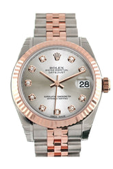 Rolex Datejust 31 Silver Diamond Dial Fluted Bezel 18K Rose Gold Two Tone Jubilee Ladies Watch