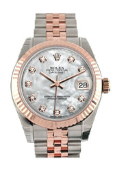 Rolex Datejust 31 White Mother Of Pearl Diamond Dial Fluted Bezel 18K Rose Gold Two Tone Jubilee