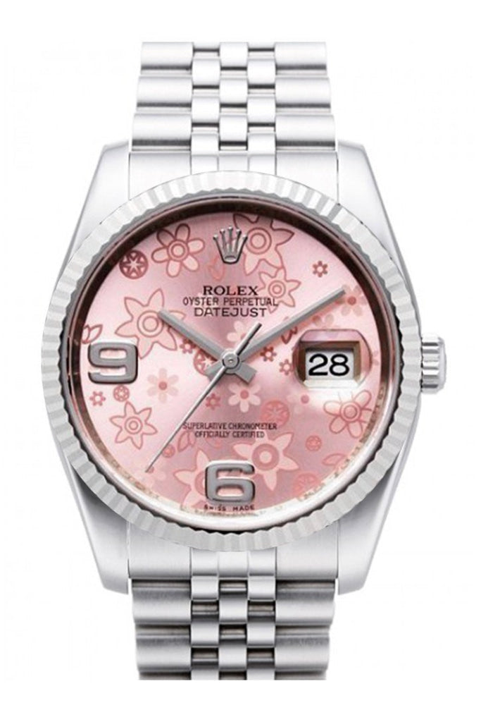 ROLEX 116234 Datejust 36 Pink Floral Dial White Gold Bezel WatchGuyNYC