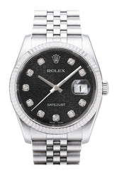 Rolex Datejust 36 Black Jubilee Diamonds Dial 18K White Gold Fluted Bezel Stainless Steel Watch
