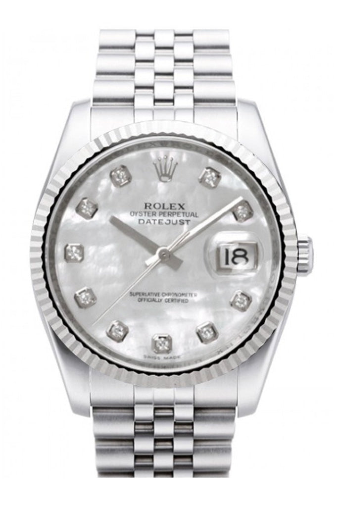 Rolex Datejust 36 Mother of Pearl Diamond Dial 18K White Gold Fluted Bezel Stainless Steel Jubilee Watch 116234