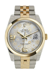 Rolex Datejust 36 Silver Floral Motif Dial 18K Gold Two Tone Jubilee Watch 116203