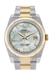 Rolex Datejust 36 White Mother-Of-Pearl Roman Dial Fluted 18K Gold Two Tone Oyster Watch 116233