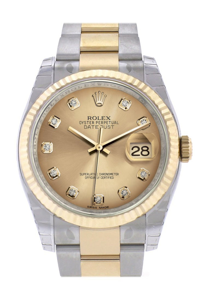 Rolex 116233 Datejust 36 Champagne Diamond Dial Gold Fluted Oyster