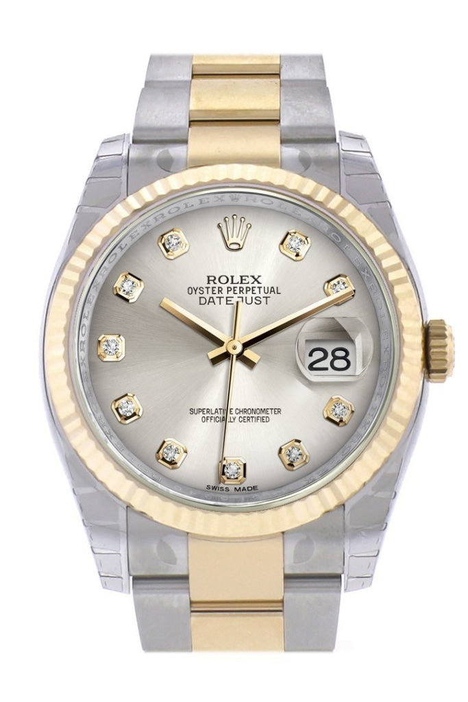 Rolex 116233 Datejust 36 Silver Diamond Dial Gold Fluted Oyster WatchGuyNYC
