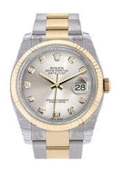Rolex Datejust 36 Silver Diamond Dial Fluted 18K Gold Two Tone Oyster Watch 116233