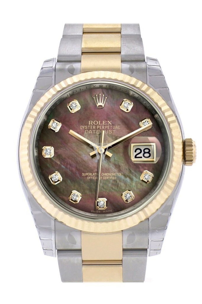 Rolex 116233 Datejust 36 Black MOP Diamond Dial Gold Fluted Oyster