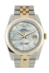Rolex Datejust 36 White Mother-Of-Pearl Roman Dial Fluted 18K Gold Two Tone Jubilee Watch 116233
