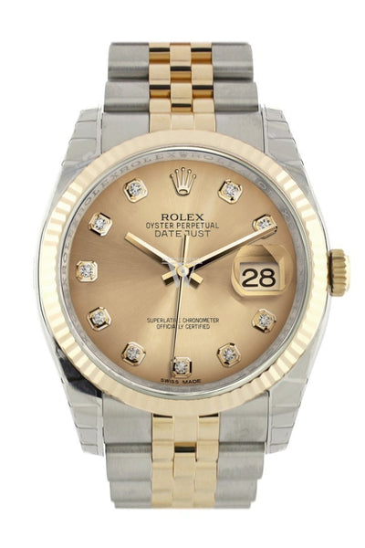 Rolex Datejust 36 Champagne colour Diamond Dial Fluted 18K Gold Two Tone Jubilee Watch 116233