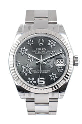 Rolex Datejust 31 Dark Rhodium Raised Floral Motif Dial White Gold Fluted Bezel Ladies Watch 178274