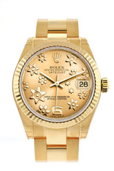 Rolex Datejust 31 Champagne Floral Motif Dial Fluted Bezel 18K Yellow Gold Ladies Watch 178278 /