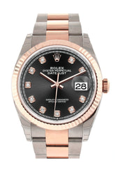 Rolex Datejust 36 Black Set With Diamonds Dial Fluted Rose Gold Two Tone Watch 126231
