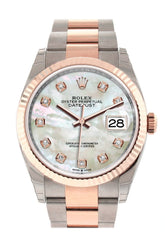 Rolex Datejust 36 White Mother-Of-Pearl Set With Diamonds Dial Fluted Rose Gold Two Tone Watch