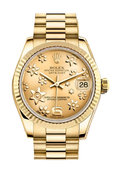 Rolex Datejust 31 Champagne Floral Motif Dial Fluted Bezel 18k Gold President 178248 WatchGuyNYC