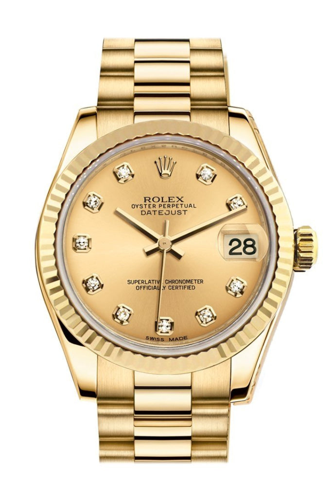 Rolex Datejust 31 Champagne Diamond Dial Fluted Bezel 18K Gold President 178248 WatchGuyNYC Champagne None