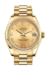 Rolex Datejust 31 Champagne Large Vi Rubies Dial Fluted Bezel 18K Yellow Gold President Ladies Watch