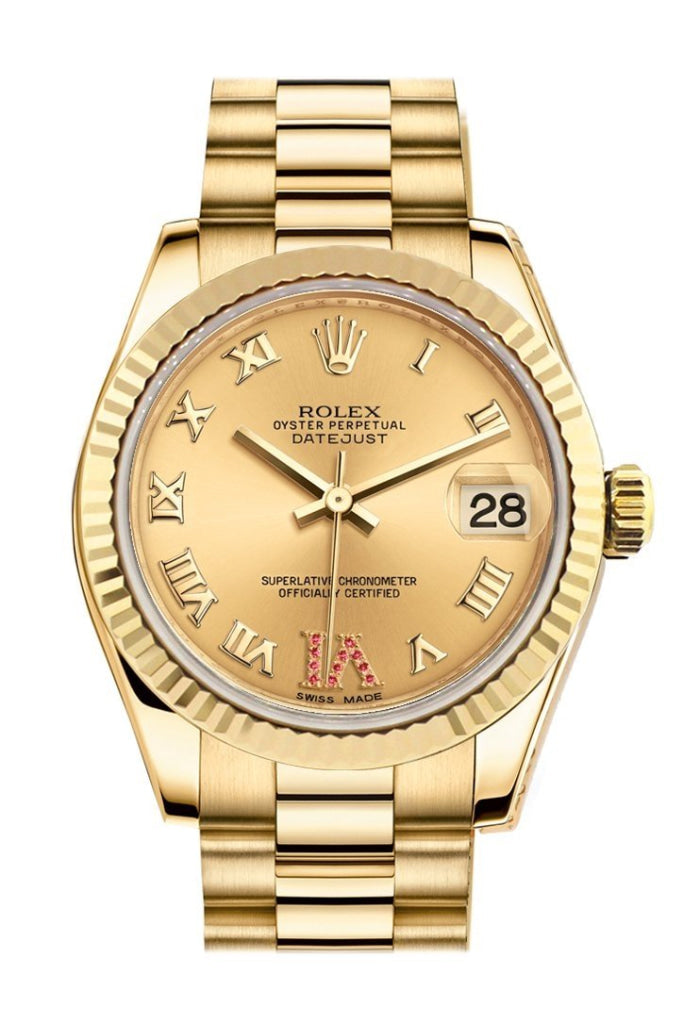 Rolex Datejust 31 Champagne VI Rubies Dial Fluted Bezel 18k Gold
