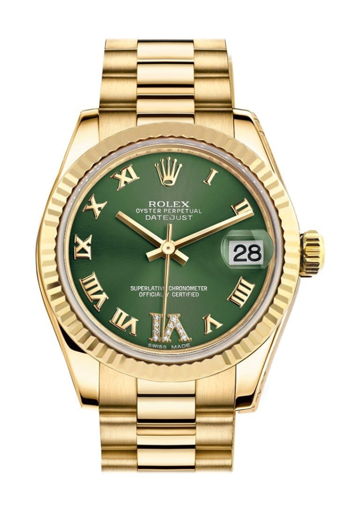 Rolex Datejust 31 Olive Green VI Diamond Dial Fluted Bezel 18K Gold President 178248 | WatchGuyNYC Olive Green / None