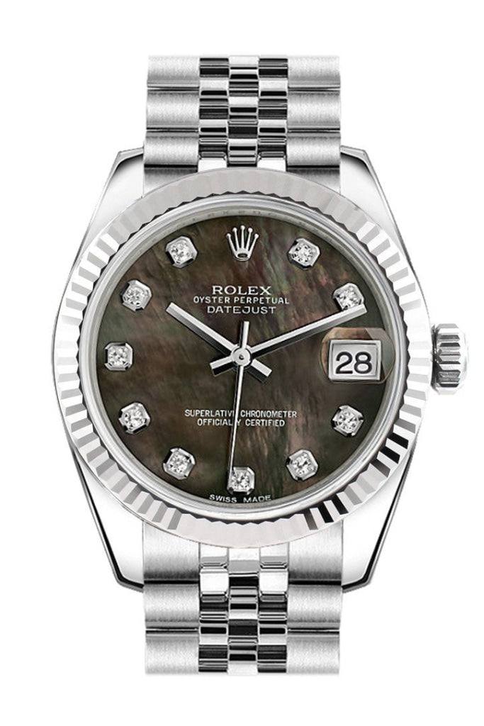 Rolex 178344 Datejust 31 Black Mother of Pearl Diamond Dial Fluted Bezel Jubilee WatchGuyNYC