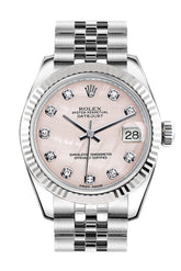 Rolex Datejust 31 Pink Mother Of Pearl Set Diamonds Dial White Gold Fluted Bezel Jubilee Ladies