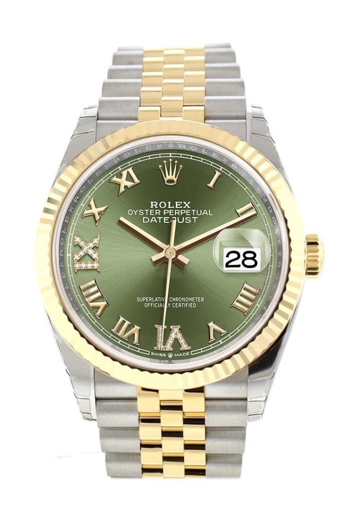 Rolex Datejust 36 Olive green set with diamonds Dial Fluted Bezel Jubilee  Yellow Gold Two Tone Watch 126233 NP
