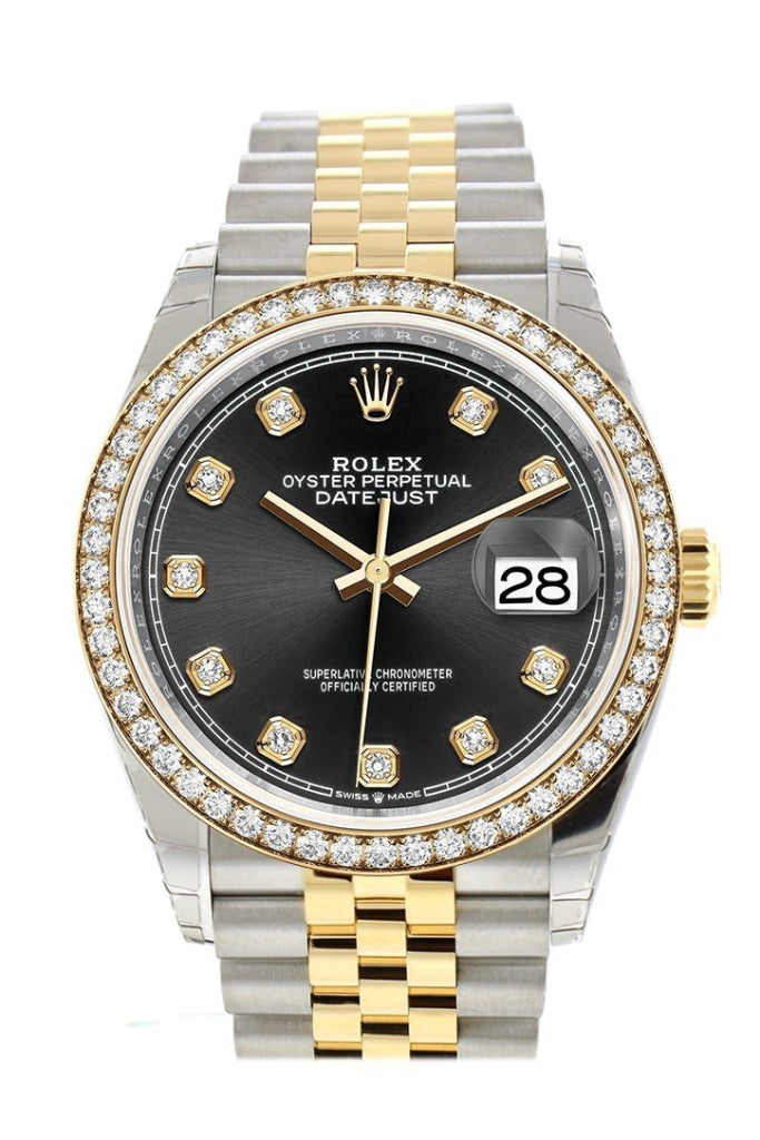 Rolex Datejust 36 Black set with diamonds Dial Diamond Bezel Jubilee Yellow  Gold Two Tone Watch 126283RBR 126283 NP