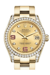 Rolex Datejust 31 Champagne Diamonds Rubies Dial Diamond Bezel Lug 18K Yellow Gold Ladies Watch