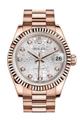 Rolex Datejust 31 Silver Jubilee Diamond Dial Fluted Bezel 18K Everose Gold President Ladies Watch