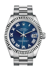 Rolex Datejust 31 Blue Roman Dial Fluted Bezel 18K White Gold President Ladies Watch 178279 / None