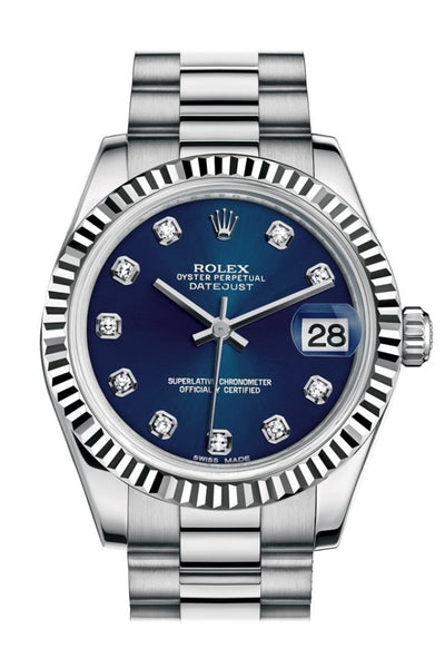 Rolex 178279 Datejust 31 Blue Diamond Dial 18k White Gold President WatchGuyNYC