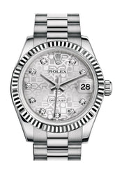 Rolex Datejust 31 Silver Jubilee Diamond Dial Fluted Bezel 18K White Gold President Ladies Watch