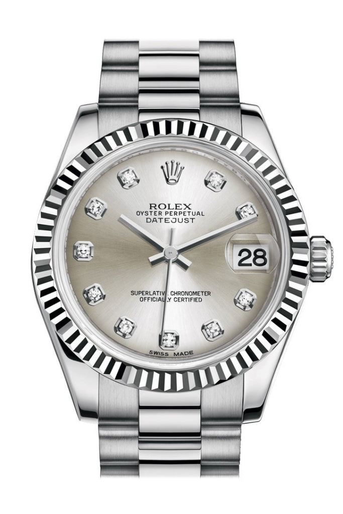 Rolex Datejust 31 Silver Diamond Dial Fluted Bezel 18K White Gold President Ladies Watch 178279 Pre-owned Silver None