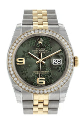 Rolex Datejust 36 Green Floral Motif Dial 18K White Gold Diamond Bezel Jubilee Ladies Watch 116243