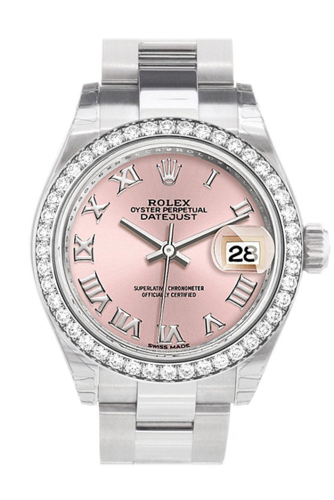 ROLEX 279384RBR Datejust 28 Pink Roman Dial Diamond Bezel Ladies Watch WatchGuyNYC