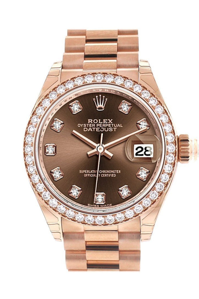 Rolex 279135RBR Datejust 28 Chocolate Diamond Dial Rose Gold Diamond Bezel Ladies Watch WatchGuyNYC