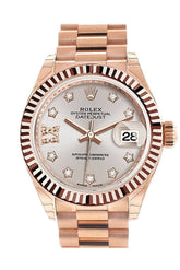 Rolex Datejust 28 Sundust 9 Diamonds Set In Star Dial Fluted Bezel Rose Gold President Ladies Watch