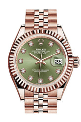 Rolex Datejust 28 Olive Green Diamond Dial Fluted Bezel Rose Gold Jubilee Ladies Watch 279175 / None