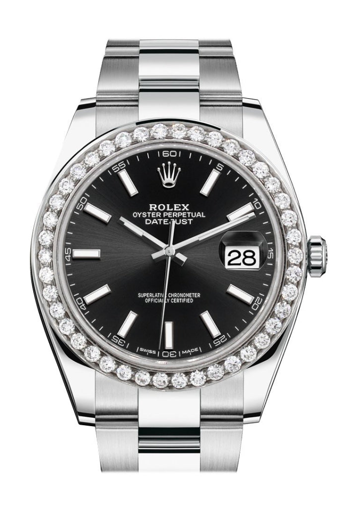 Rolex Custom Diamond Bezel Datejust 41mm Black Dial Steel Oyster Men's Watch 126300 Black SI None