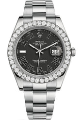 Rolex Custom Diamond Bezel Datejust 41Mm Black Roman Dial Steel Oyster Mens Watch 116300 / Si None