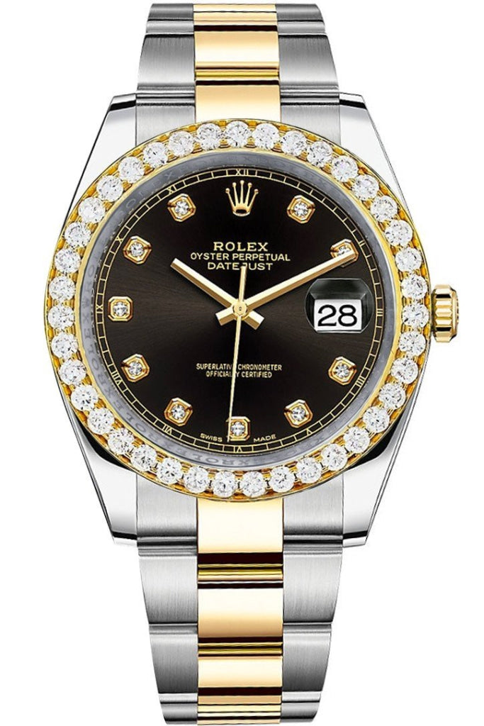 Rolex Custom Diamond Bezel Datejust 41mm Black set with Diamond Dial Two Tone Oyster Men's Watch 126333