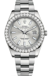 Rolex Custom Diamond Bezel Datejust 41Mm Silver Dial Steel Oyster Mens Watch 116300 / Si None