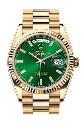 Rolex Day-Date 36 Green Diamonds Dial Fluted Bezel Yellow Gold 128238-0130