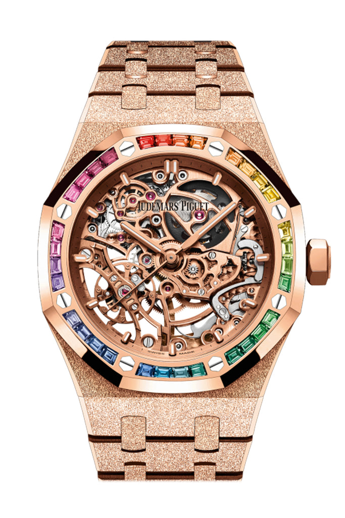 Audemars Piguet Royal Oak Frosted Gold Double Balance Wheel Openworked Rose Gold 37mm Rainbow Sapphire Watch 15468OR.YG.1259OR.01-B