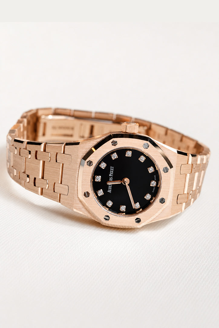 Audemars Piguet 67630OR.OO.1312OR.01-B Royal Oak 23 Mini Frosted Pink Gold Black Onyx Diamond Dial