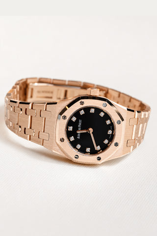Audemars Piguet 67630OR.OO.1312OR.01-B Royal Oak 23 Mini Frosted Pink Gold Black Onyx Diamond Dial