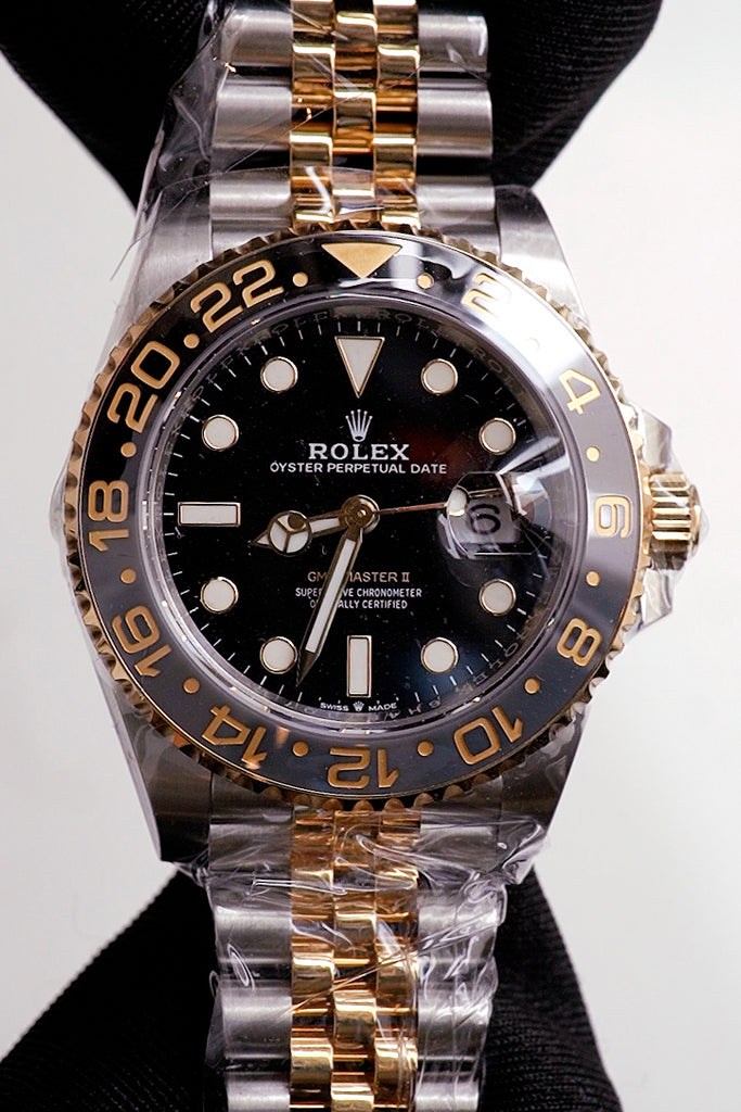 ROLEX GMT-Master II Black Dial Steel 18kt Yellow Gold Men's Watch 126713GRNR