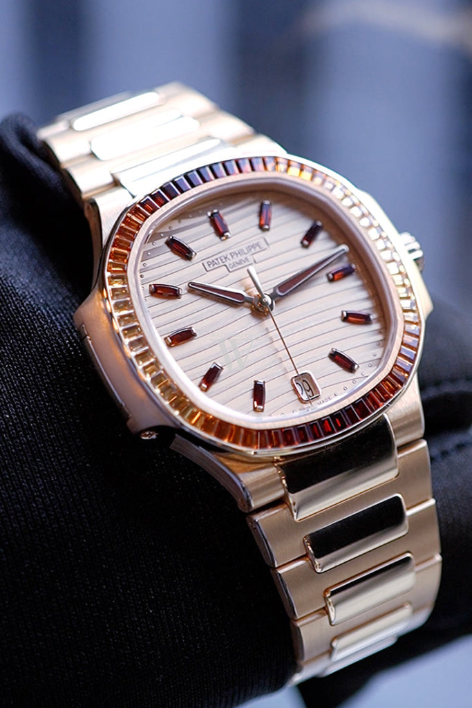 Patek Philippe Nautilus Ladies Rose Gold Baguette Cognac Bezel
