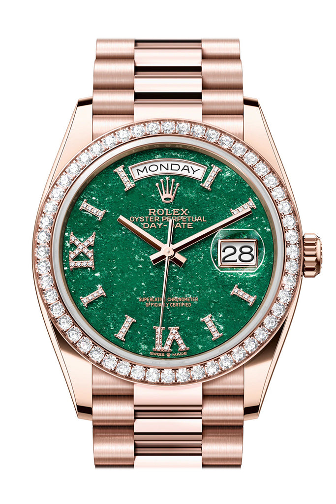 Rolex Day-Date 36 Green Aventurine Dial Diamond Bezel 18K Everose Gold President Watch 128345RBR