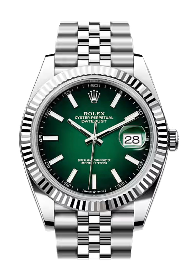 Rolex 126334 Datejust 41 Green Ombre Dial Fluted Bezel White Gold Jubilee Watch 126334-0034