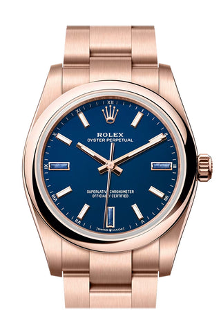 Rolex Oyster Perpetual 34 Blue Dial Rose Gold Watch 124205-0002 124205